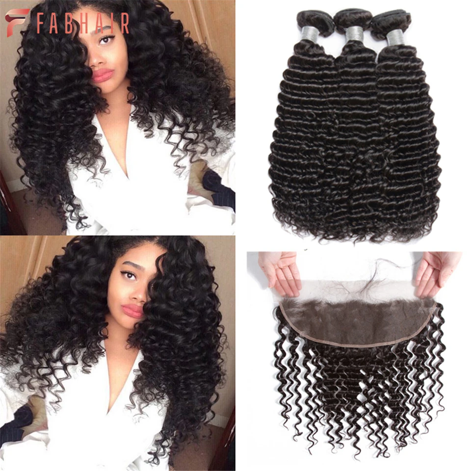 

FABHAIR Deep Wave Human Hair Bundles With Frontal 3 pcs Brazilian Hair Weave Bundles With Frontal Closure Remy Hair Extensions