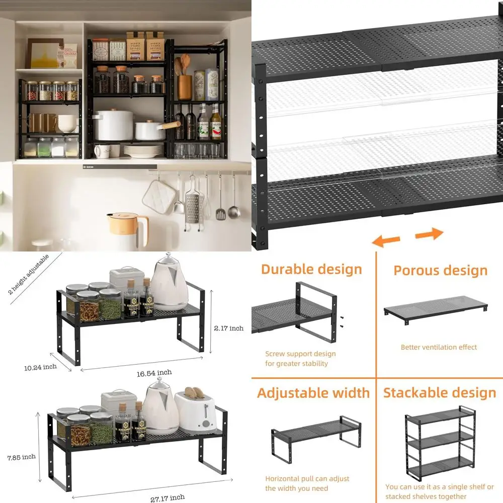 

Расширяемый штабелируемый металлический органайзер для обуви, регулируемые кухонные полки для хранения, 2 упаковки среднего черного цвета для шкафов, кухонь,