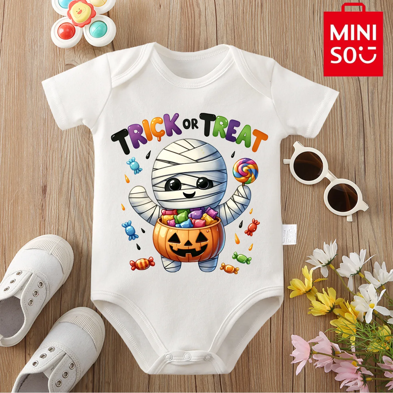 

MINISO Одежда My First Halloween Candy Ghost Боди с милым принтом для ребенка Комбинезон из чистого хлопка для новорожденных от 0 до 12 месяцев