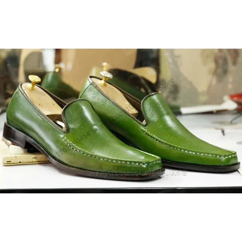 

Green Sewing Design Sqaure Toe Low Top Loafers Fashion Slip On Men Shoes Luxurious Handmade Party Banquet Office Men Dress Shoes