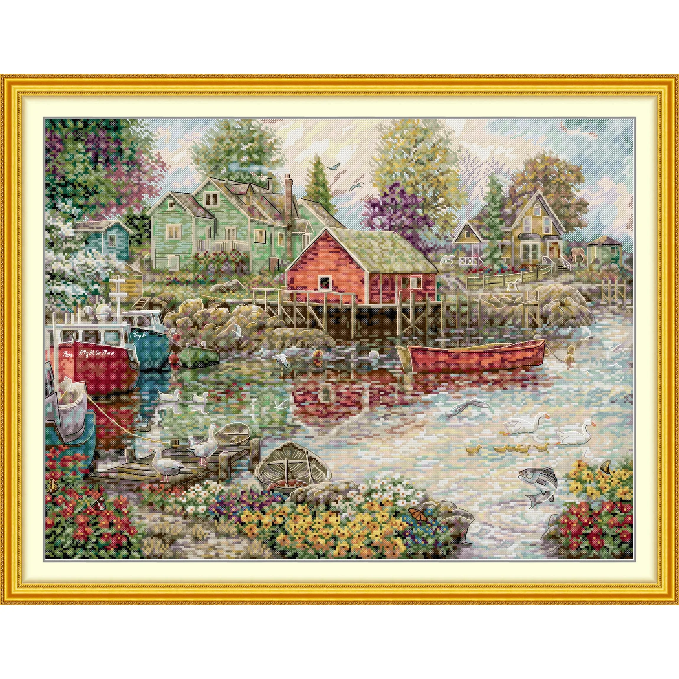 

Soulgift News Pre-Printed Cross Stitch Kit, Stamped Aida Fabric with DMC Threads, Embroidery Kit - Colorful Bays