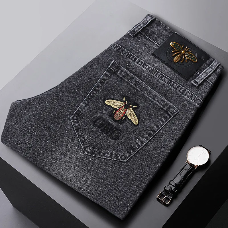 

Smoky Gray Jeans Men's 2024 High-End Stretch Slim Fit Skinny Fashionable All-Match Casual Trend Embroidered Trousers