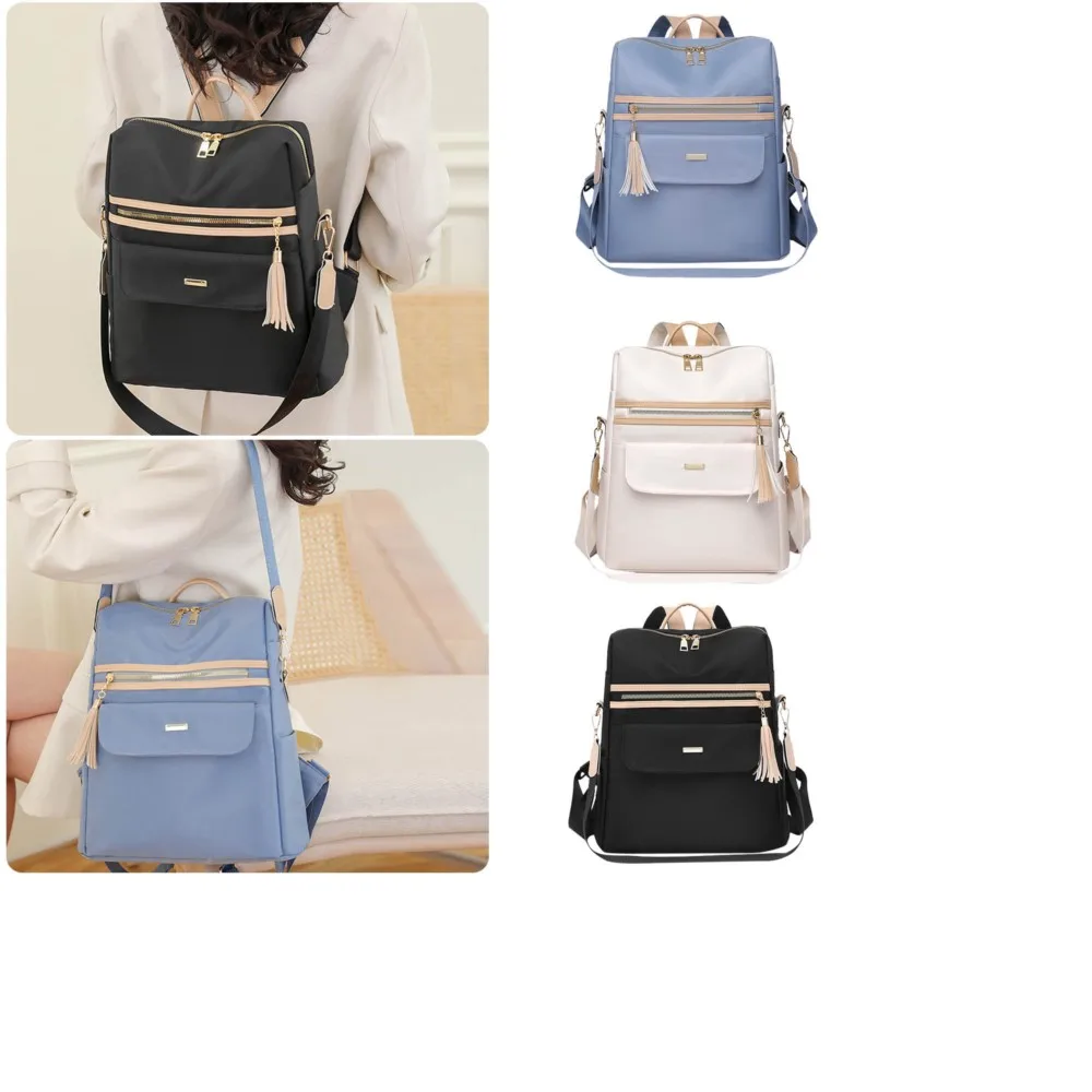 Ladies Oxford Cloth Fashion Backpack Colored Large Capacity Crossbody Dual Use Bag Lightweight Tassel Zipper Waterproof Rucksack