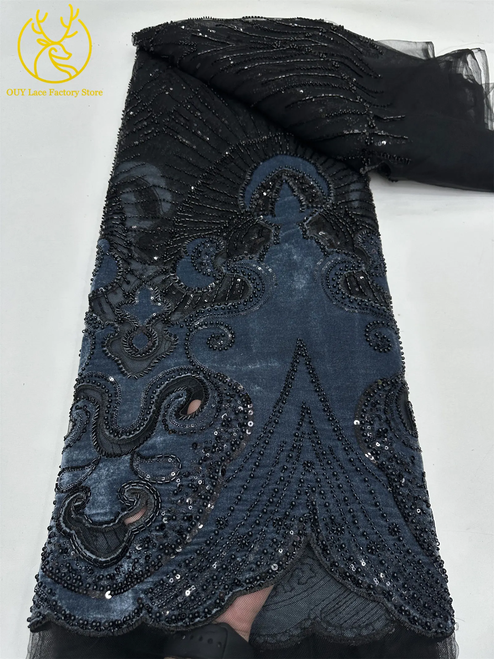 Luxuriöser afrikanischer Samtstoff mit goldenen Perlen und Pailletten, 5 Yards, weinrot, bestickter französischer Tüll für Damen-Partykleider – Detail 10