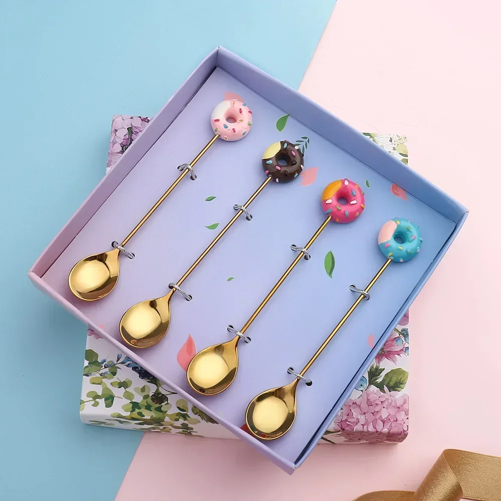 Lovely Cute Version Rainbow Lollipop Donut Macaron Dessert Spoons Fruit Forks Kids Set Stainless Steel Spoon Fork Fruit 2024