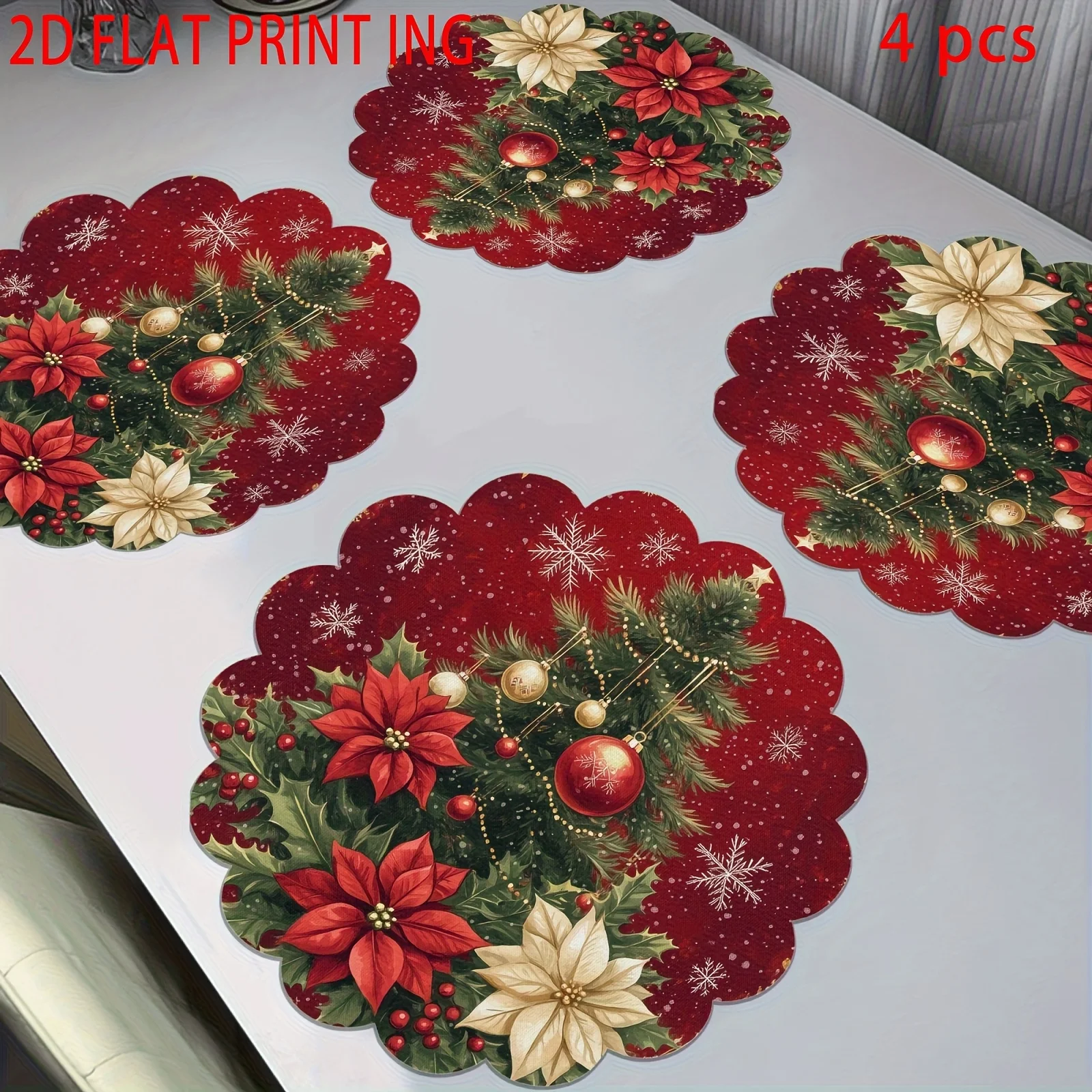 VIKAMA Round Scalloped Christmas Placemats Poinsettia Ball Linen Mats Non-Slip Heat Resistant for Xmas Party Decor