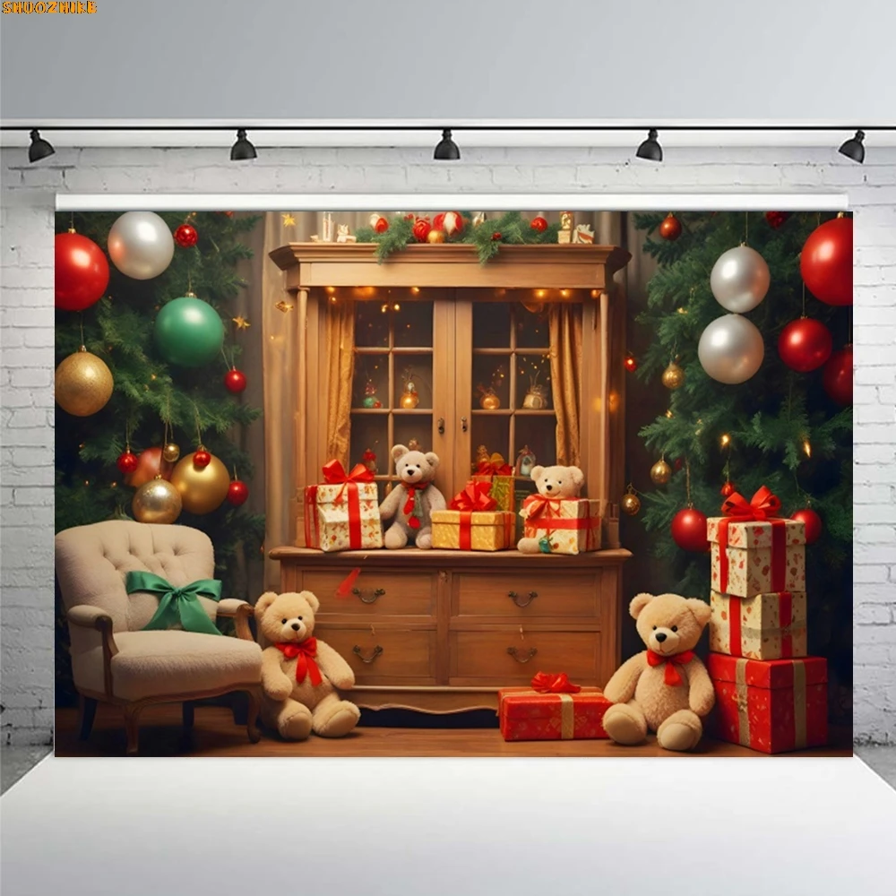 クリスマス写真背景暖炉クリスマスツリーギフトテディベアナヴィダードファミリーパーティーデコレーション背景写真スタジオ