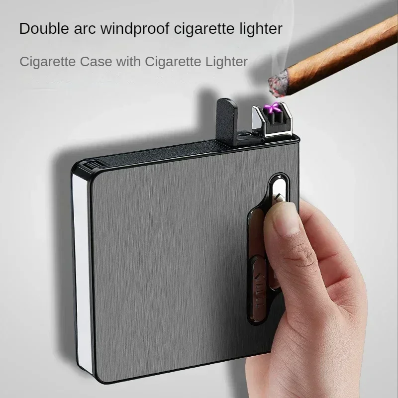 

Big Cigarette Case With Lighter 20 Cigarettes Cases Double Arc Electric Lighter Metal Windproof Box USB Smoking Accessories Gift