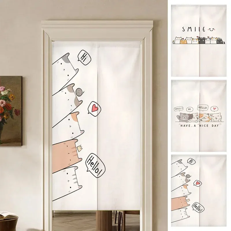 VIKAMA Halbtransparenter Türvorhang im japanischen Stil mit Katzenmotiv, bezaubernder Cartoon-Maneki-neko-Druck, ideal für Schlafzimmer-Trennwände