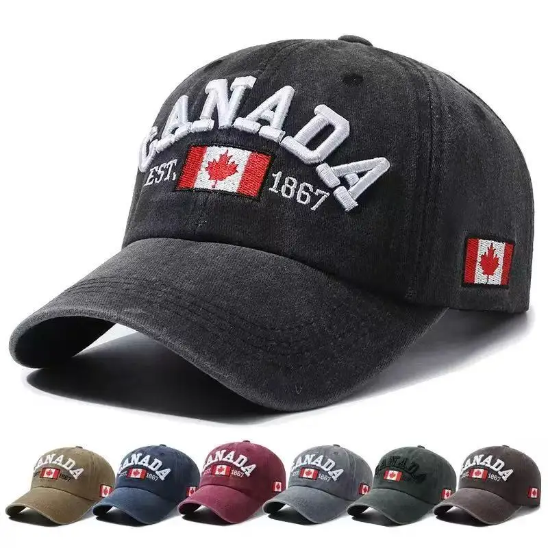 CANADA Gorra de béisbol vintage de mezclilla lavada con visera y cierre a presión para hombre y mujer, gorra deportiva, de ocio, para pesca, sombrero para el sol