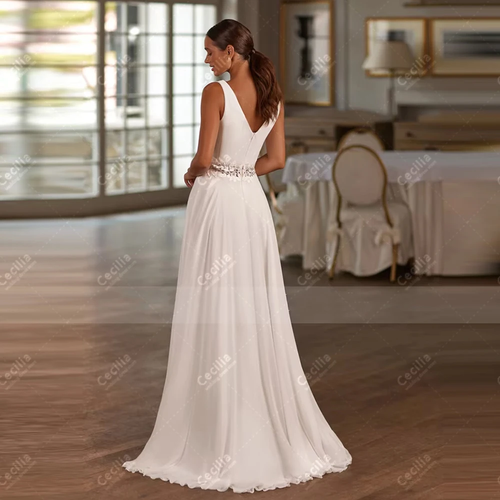 فساتين زفاف أنيقة على شكل حرف A زي العرائس البسيط بدون أكمام بدون ظهر رداء على شكل حرف V رشيق مخصص فيستدوس دي نوفيا 2026 #2