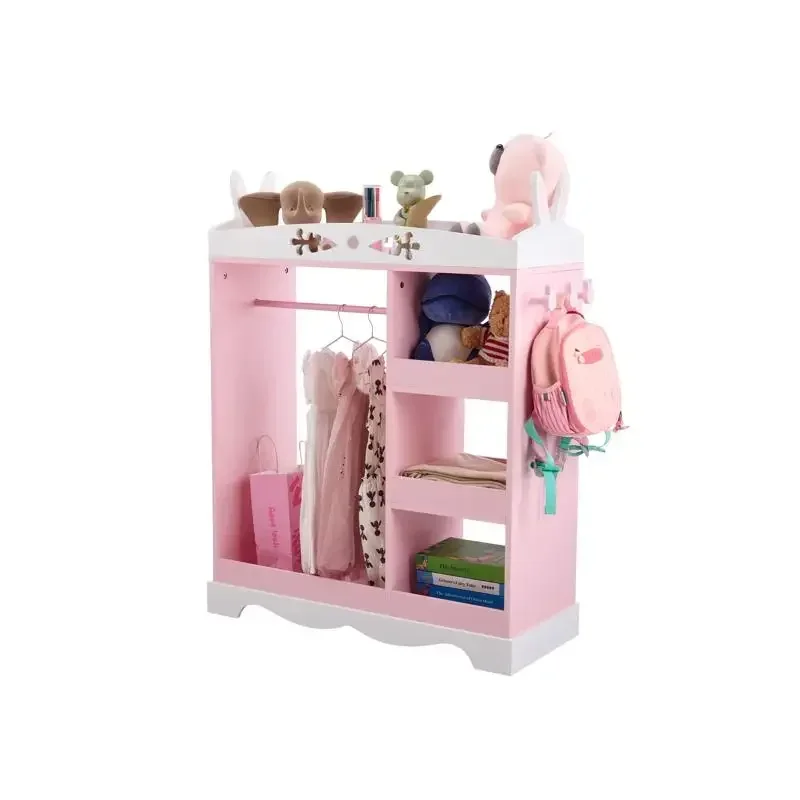 Pink MDF + Particleboard Children's Wardrobe with 1 Mirror, 3 Shelves, and 1 Clothes Rod; Rabbit Ear Design