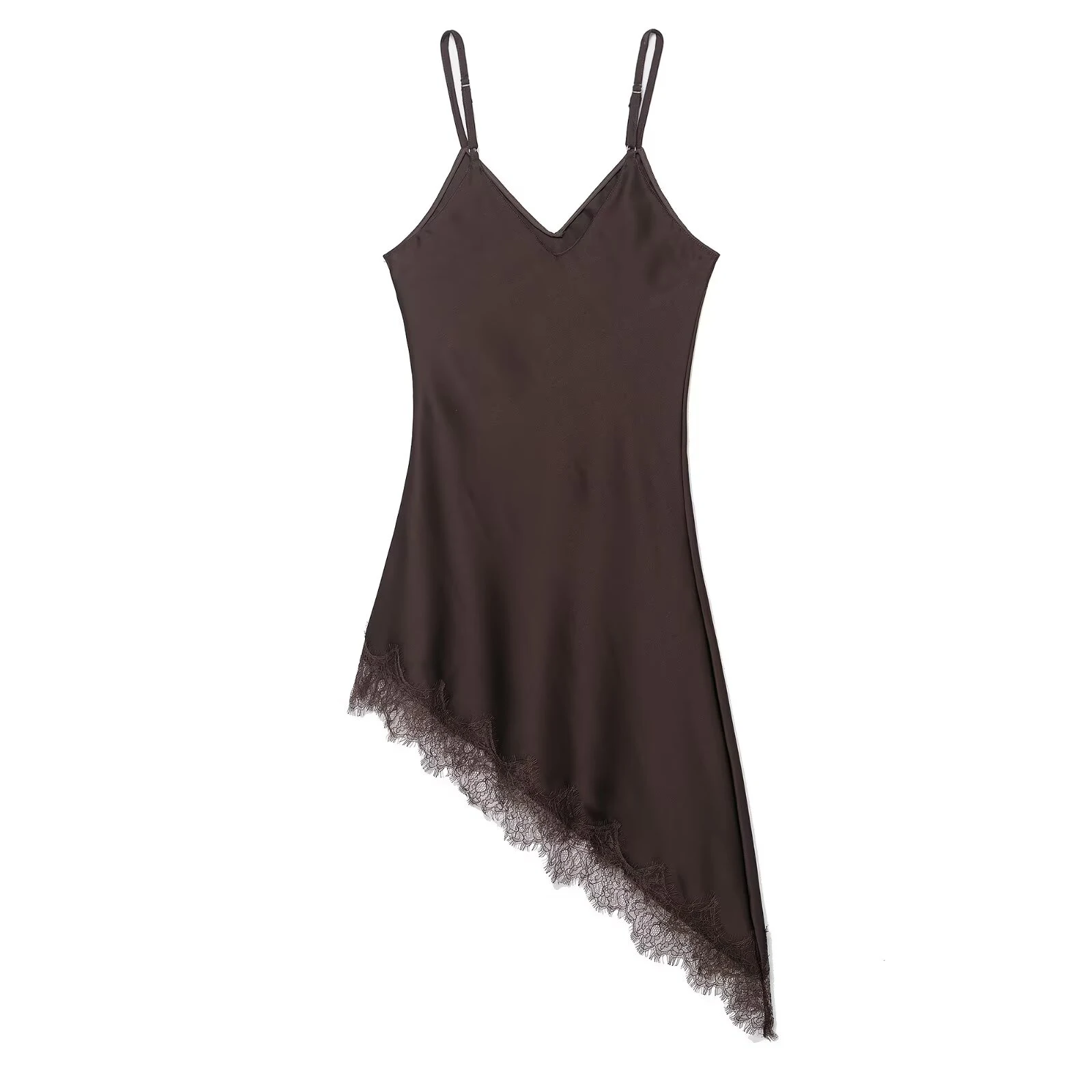 Estilo europeo y americano 2025 invierno nuevo vestido de textura satinada con detalle de encaje asimétrico con tirantes y cuello en V para mujer