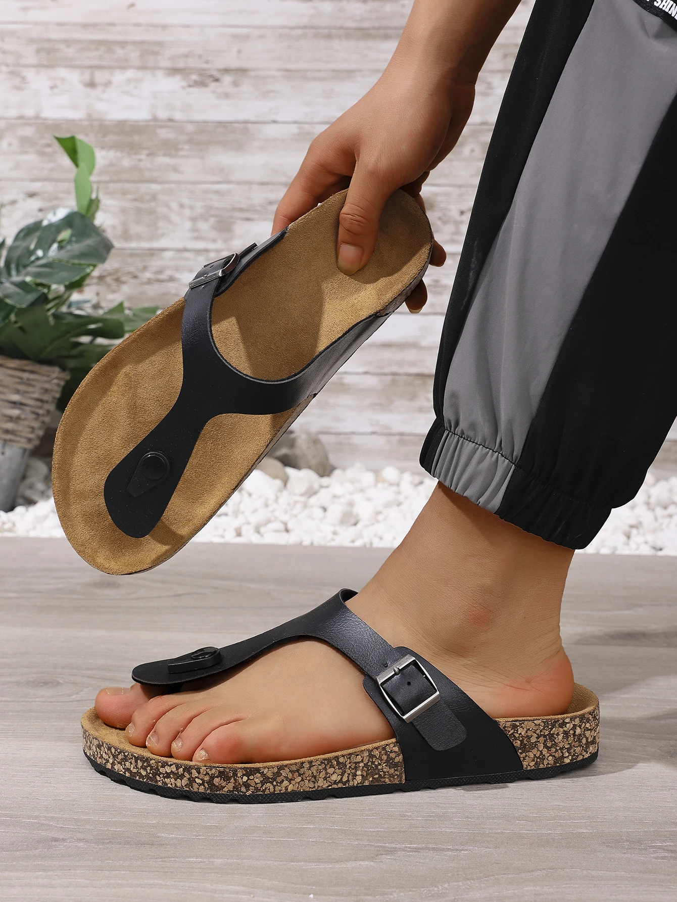 Men's Summer, Spring, and Autumn Casual Simple Cork-Patterned Pu Upper Flat-Soled Slip-On Flip-Flops for Beach Use, Suitable for Both Indoor and Outdoor Use