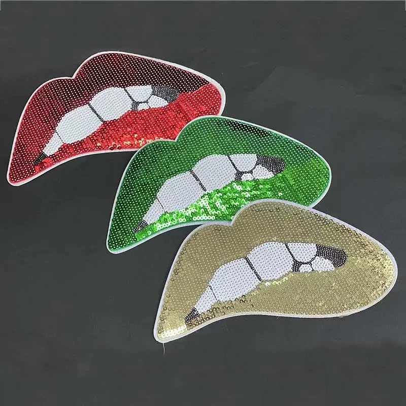 27*14CM/ Big Mouth Embroidery Sequin Applique Iron On Patch,Sequins Lip Patches Sitckers Thermocollant For T shirts,Clothing