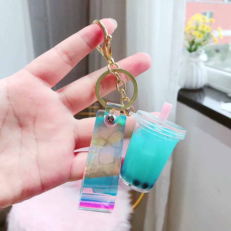 Simulation Pearl Milk Tea Acrylic Key Chain Candy Color Beverage Bottle Keyring Pendant for Couple Kids Backpack Charm Keyfob