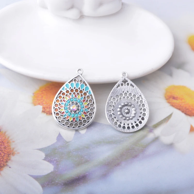 12 Stück/Los Legierung Antik Silberfarbene Feder Emaille Blumen Acryl Charms Schmuckzubehör Ohrringe Anhänger – Detail 8
