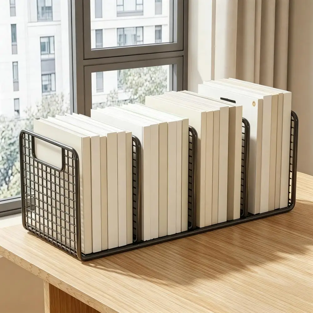 Multi-grid Baffle Shelf Iron Bookshelf with 4-grid Organizer Durable Metal Book Storage Rack Anti-rust Office Document Holder
