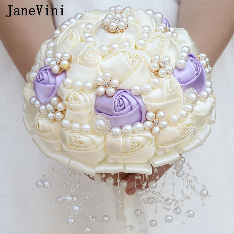 JaneVini Elegant 18cm Light Purple Ivory Pearls Wedding Bouquets for Bridesmaid Bride Handmade Satin Rose Custom Boeket Bruiloft