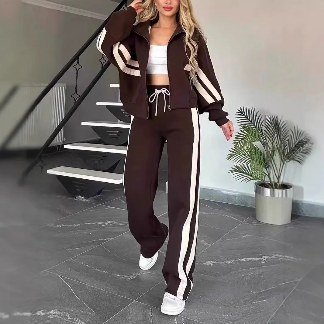 Two Piece Set Women Fashion Striped Print Lapel Zipper Coat High Waist Pants Outfit Autumn Winter Long Sleeve Suit Tracksuit