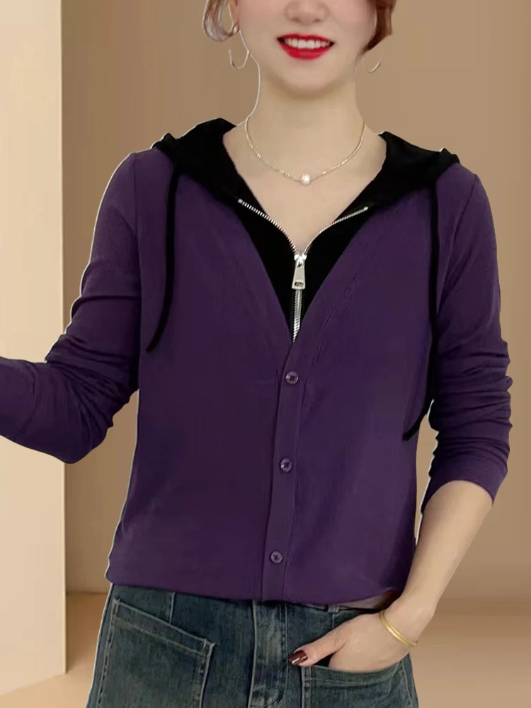 Faionable Sudadera con capucha de algodón ajustada para mujer, capa Base con cremallera, sudadera informal Sle Long Sve V-Ne, Top de longitud Regular