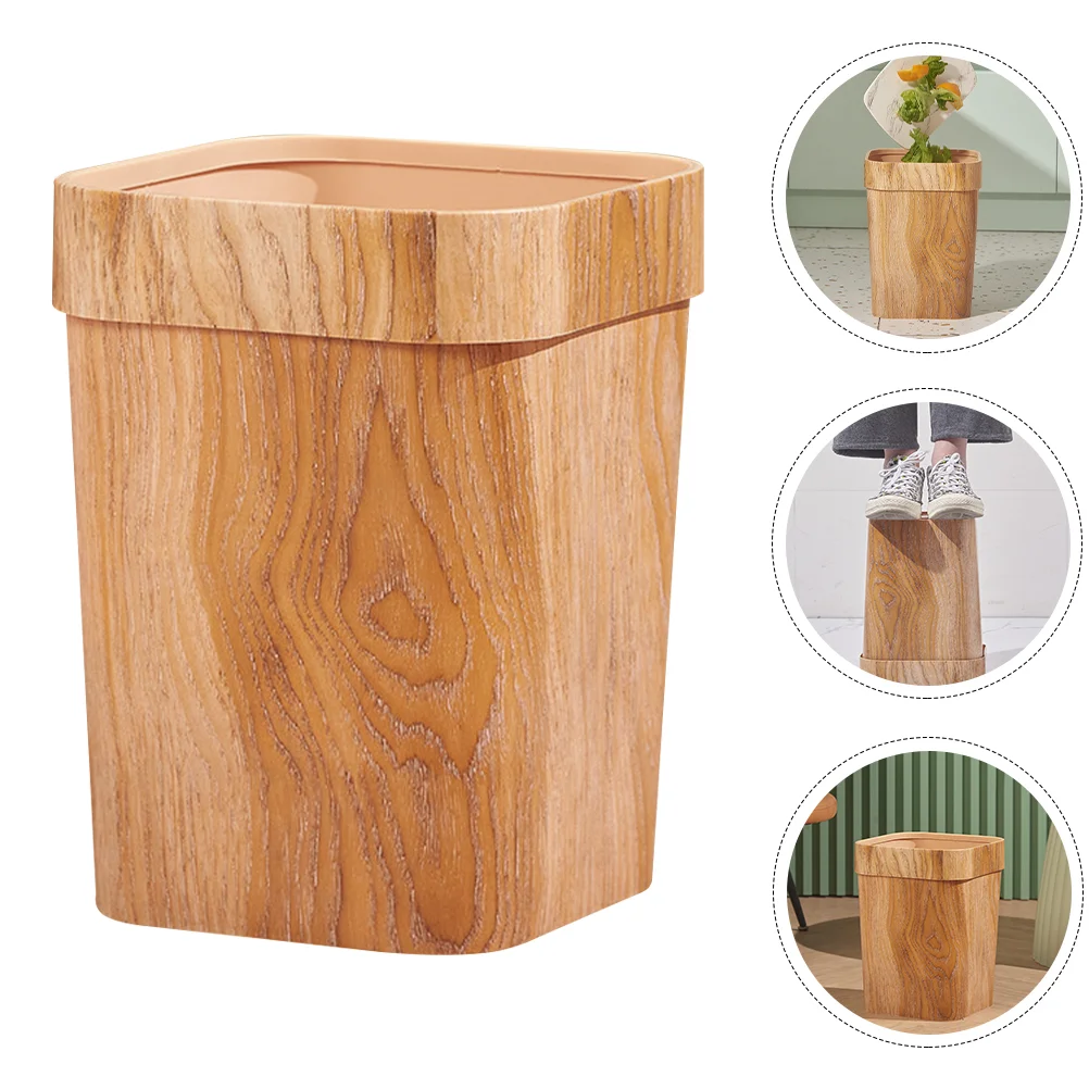 Outdoor Trash Can Imitation Wood Grain Garbage Container Small Rubbish Home Office Plastic Chocolate Bathroom