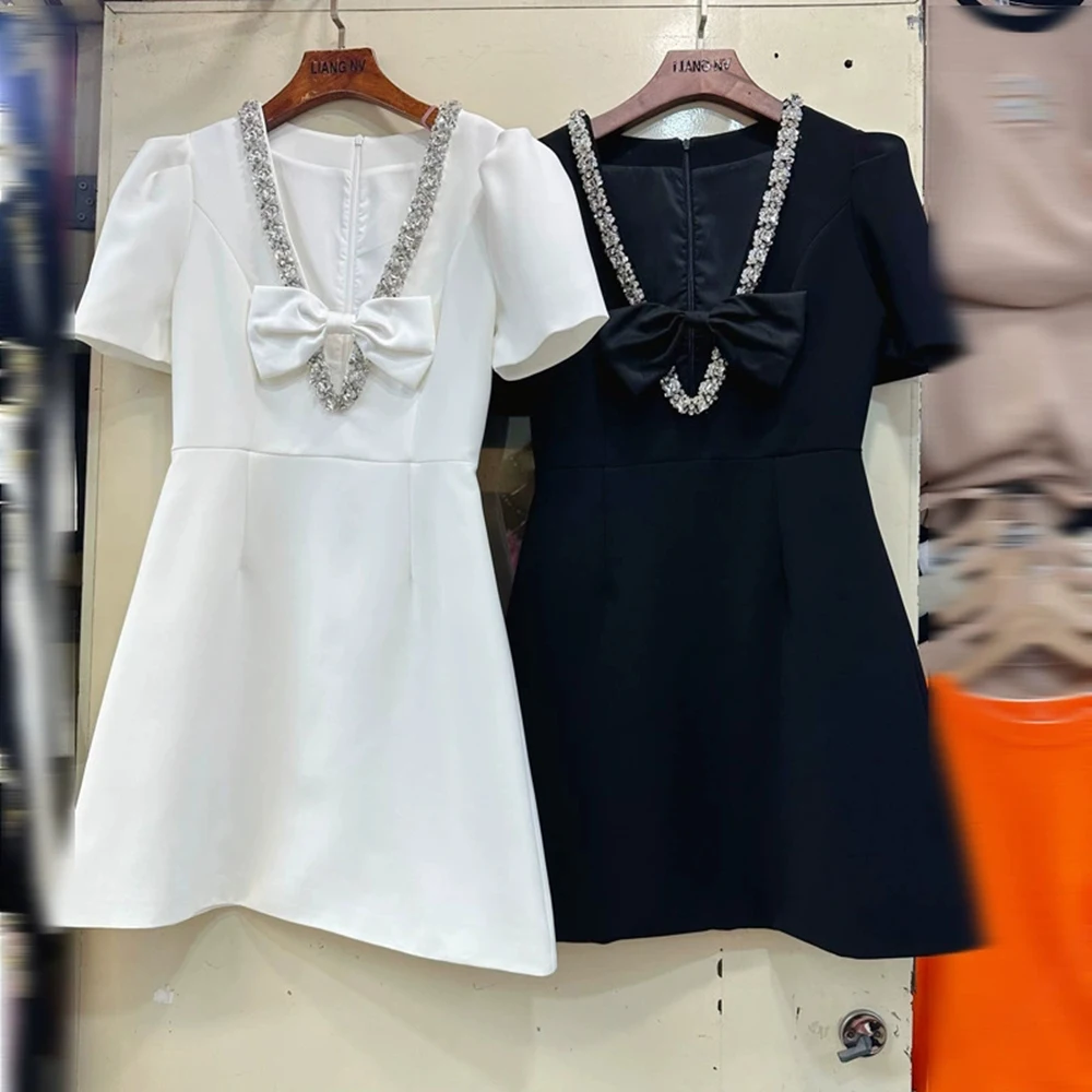 

High-end chaebol daughter bow-neck diamond-decorated bubble short-sleeved dress-GZXX242