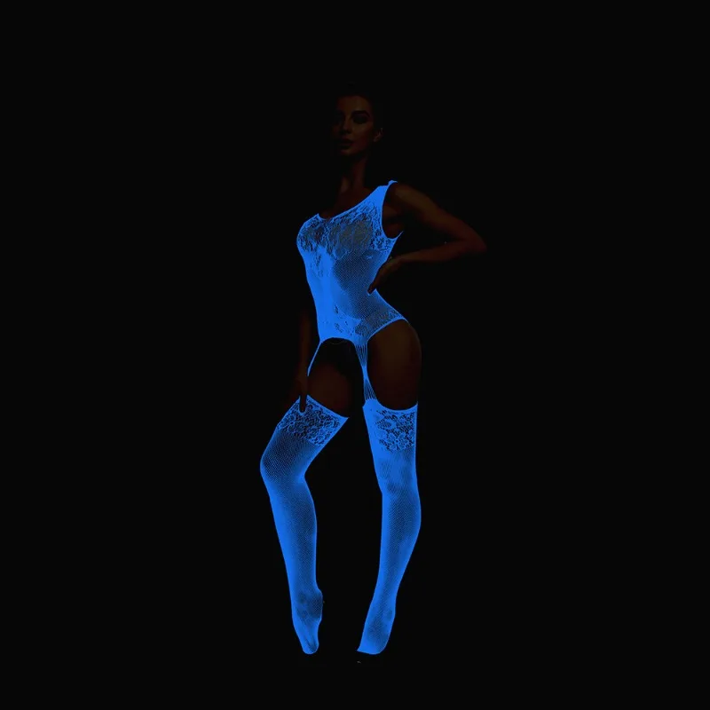 Blue Glow The Dark Lingerie Cami Bodystocking Sexy Sheer Mesh Full Body Sissy Suit Dames Erotisch Lichtgevend Alles