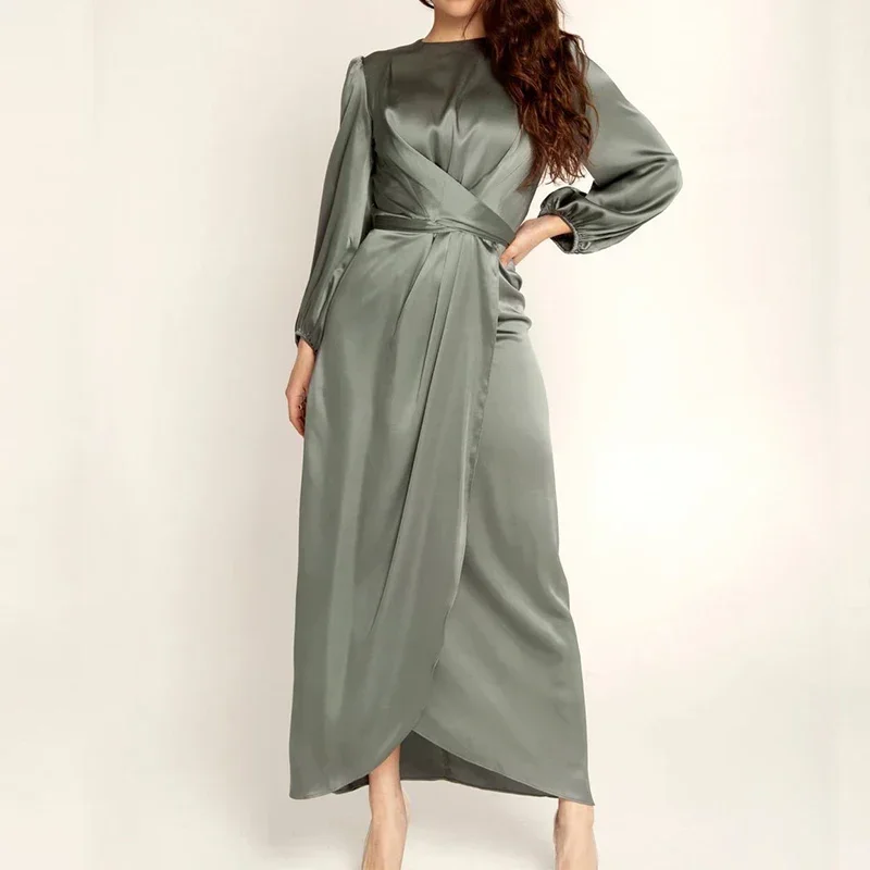 Women Arab Muslim Dresses Satin Long Sleeve Maxi Dress Solid Color Wrap Front Self-Tie Party Dress Prom Evening Robe De Soiree