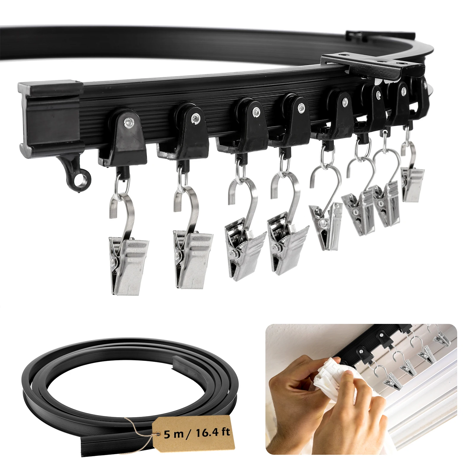 

5m Flexible Bendable Curtain Track Ceiling Wall Mount Black White Curved Heavy Duty RV Sliding Curtain Rail System Room Divider