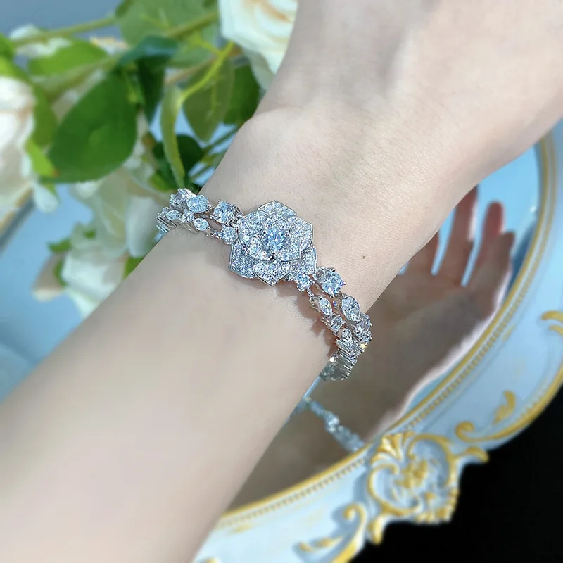 S925 Silver Camellia Flower Carbon Diamond Charm Bracelet Double Chain Design Jewelry White Gold Plated Flower Bracelet Bangles