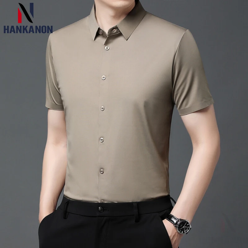 Elastic Men\'s Solid Color Short Sleeve Shirt, Business Casual  Breathable, Stretchable, Abrasion-Resistant Short Sleeve Shirt.