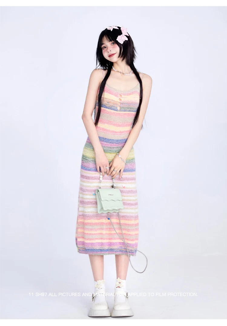 Strapskleid für Damen, Sommer, gestrickt, gestreift, Spice Girl, schlank, Hüfte, Wickel, gestreift, langes Kleid, 2025, neues sexy Kleid