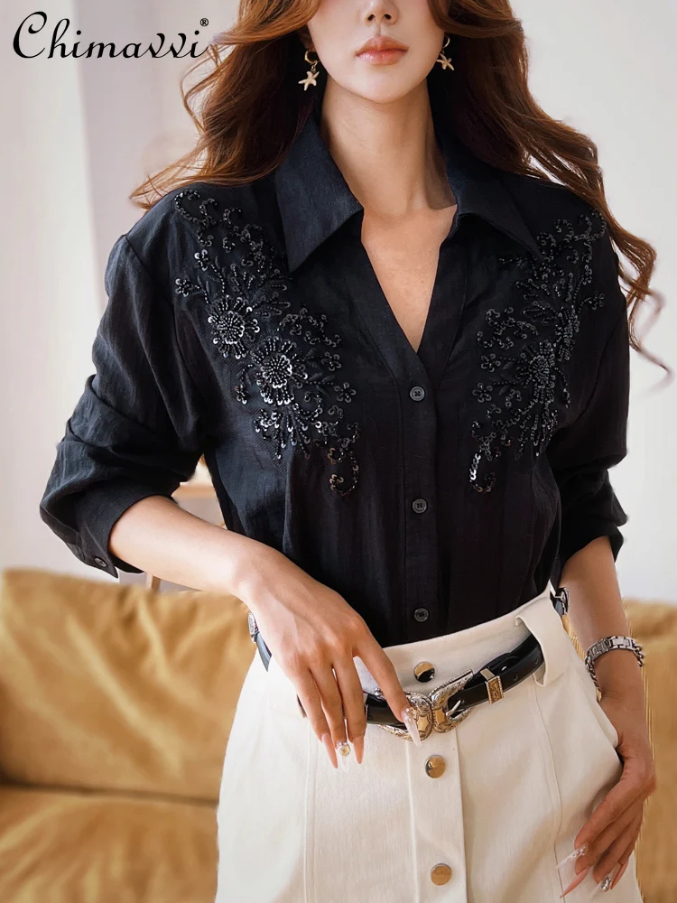 

Французские элегантные модные пригородные блузки, однобортные рубашки с v-образным вырезом и длинными рукавами для тяжелой промышленности, женские топы