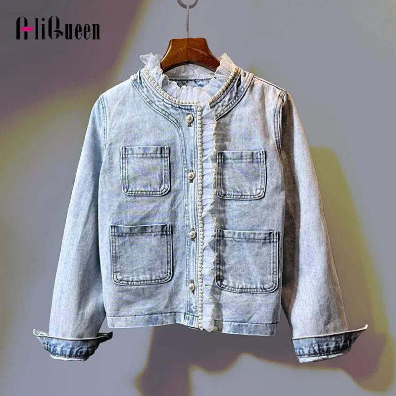 

Women Vintage Washed Blue pearls beaded Short Ruffles Denim Jacket Multi-pocket Patchwork Casual Long Sleeve Jeans Jacket Coats