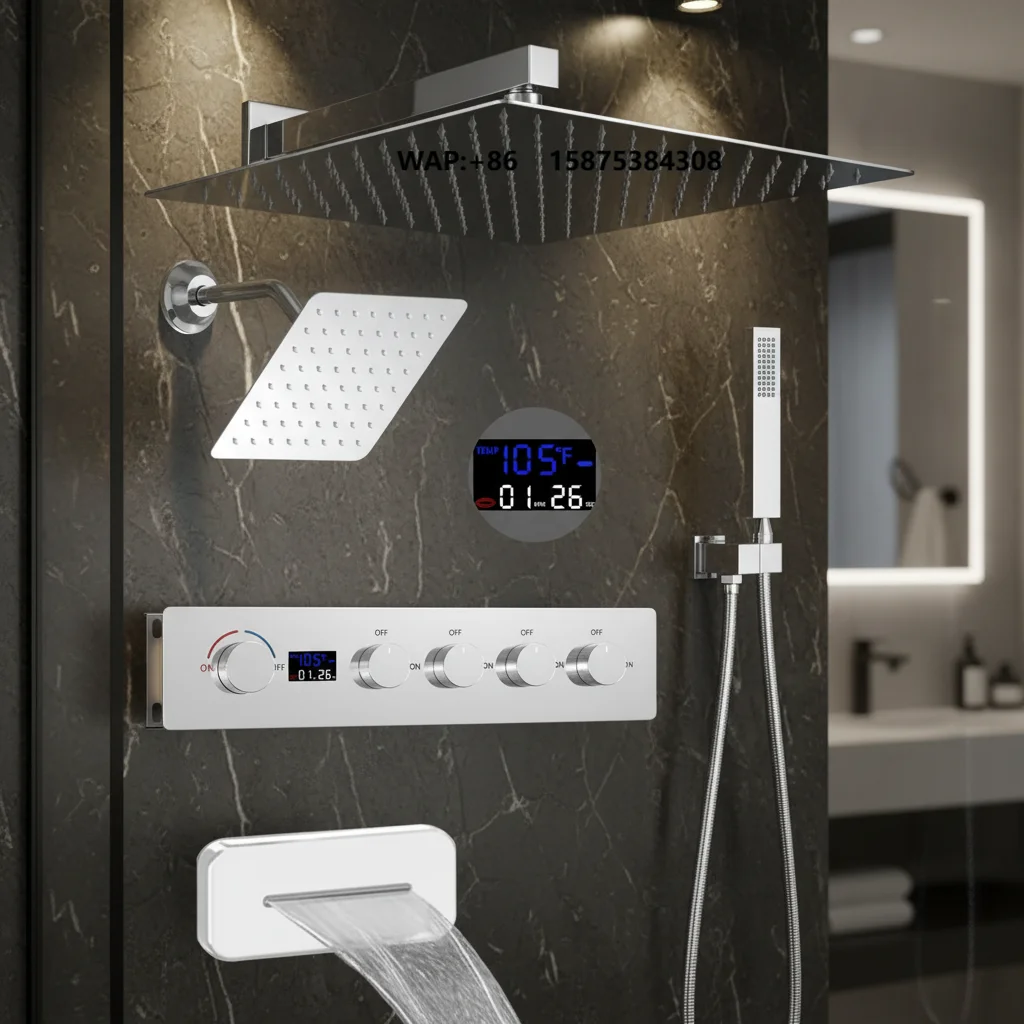 Brushed Chrome Color Modern Shower Set Digital Display Thermostatic Control Rainfall Head Waterfall Spray for Hotel Bathroom Use
