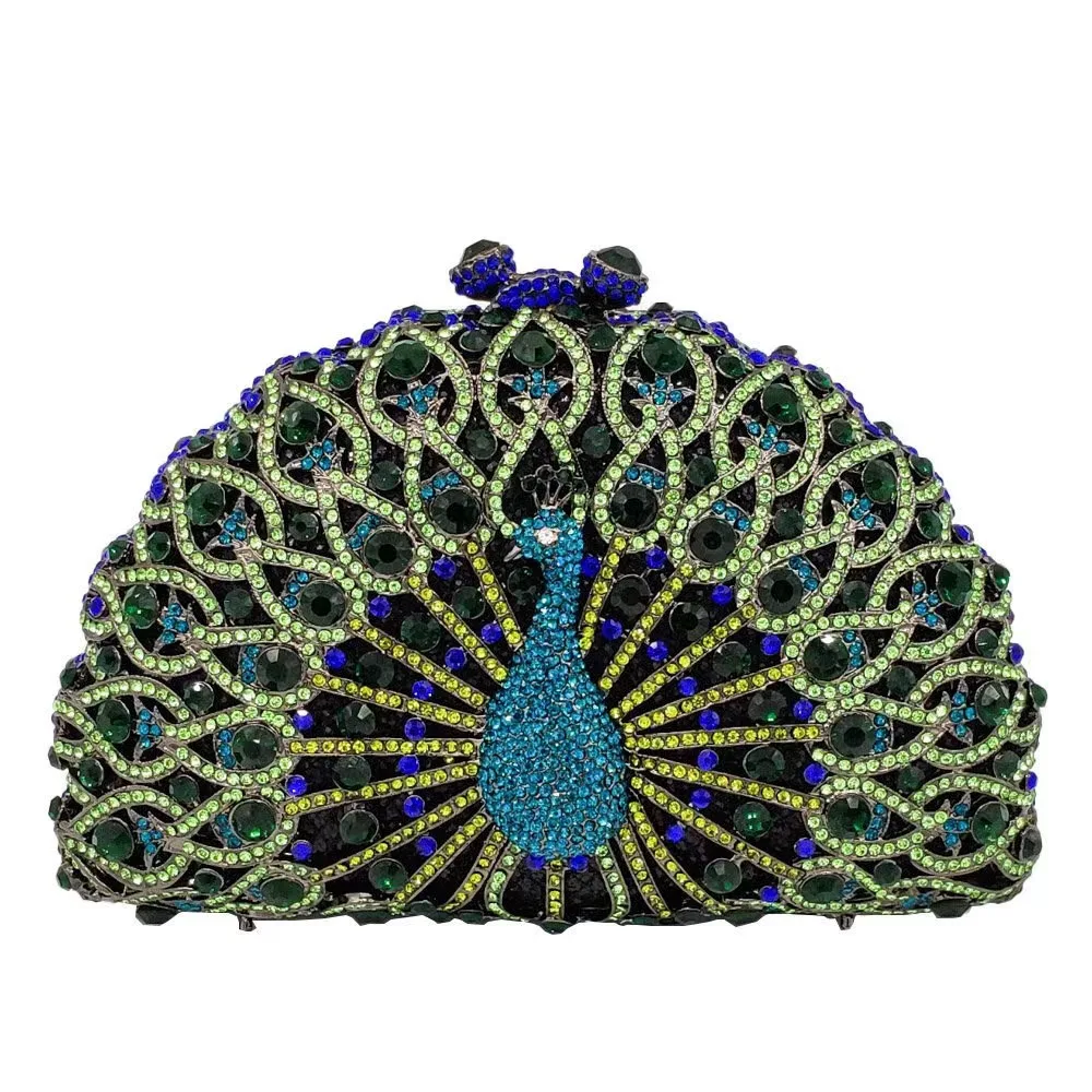 Peacock Rhinestone Women Bags Luxury Bling Shiny Handbags Metal Chain Crystal Party Bags Elegant Designer Eveing Clutch Purse