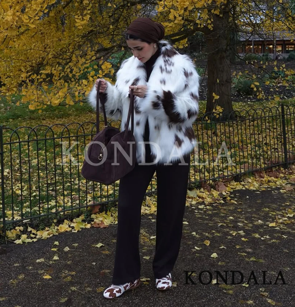 KONDALA femmes haute rue tacheté fourrure veste automne hiver revers fausse fourrure veste ample manteau 2026 à la mode élégant Chic femme manteau