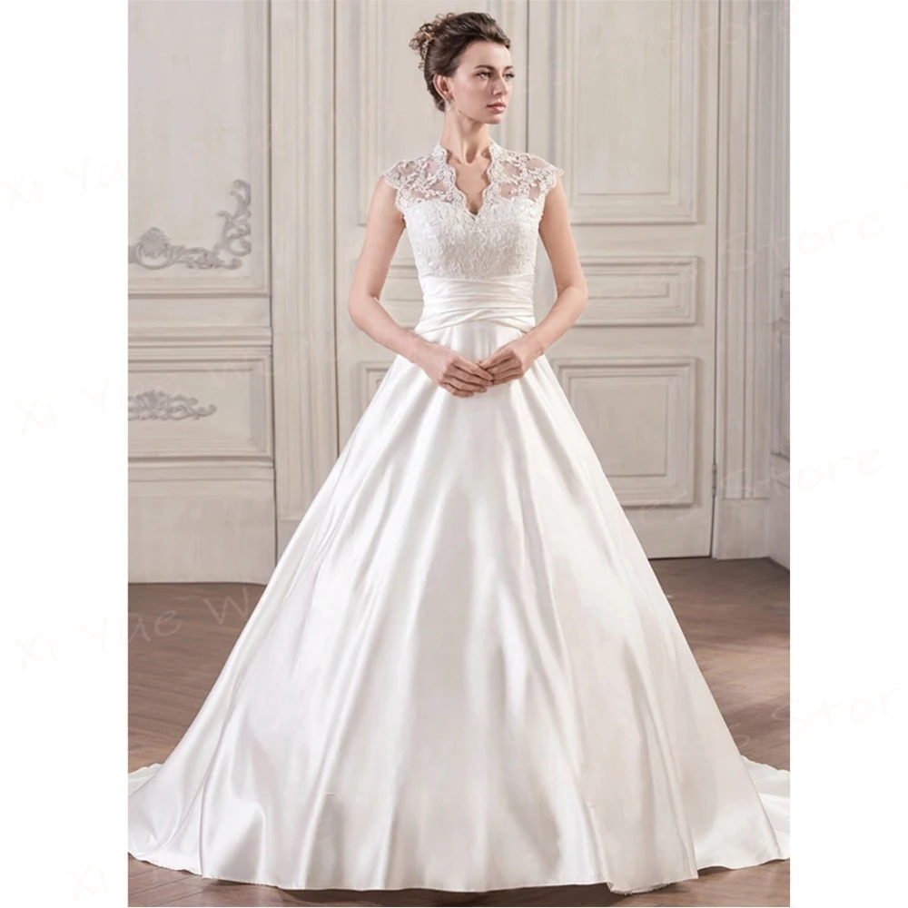 Romantico classico A Line abiti da sposa da donna bellissime Appliques abiti da sposa in pizzo Sexy scollo A V senza maniche Vestido De Noivas