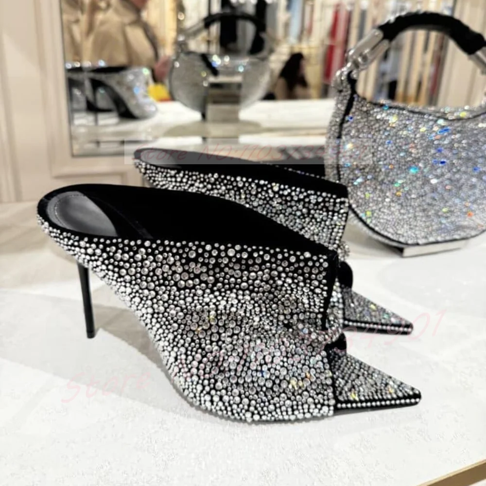 Sparkling Crystals Heeled Mules Women Front Pierced Open Pointed-Toe Mules Feminine Sexy Slip-On High Heels Shoes