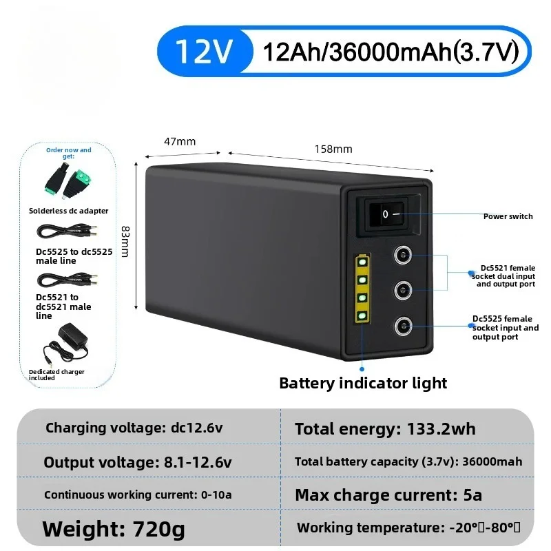36000mAh Portable Power Station 12V 24V Li-ion Battery Pack 18650 Small Size for Outdoor Emergency Power Supply
