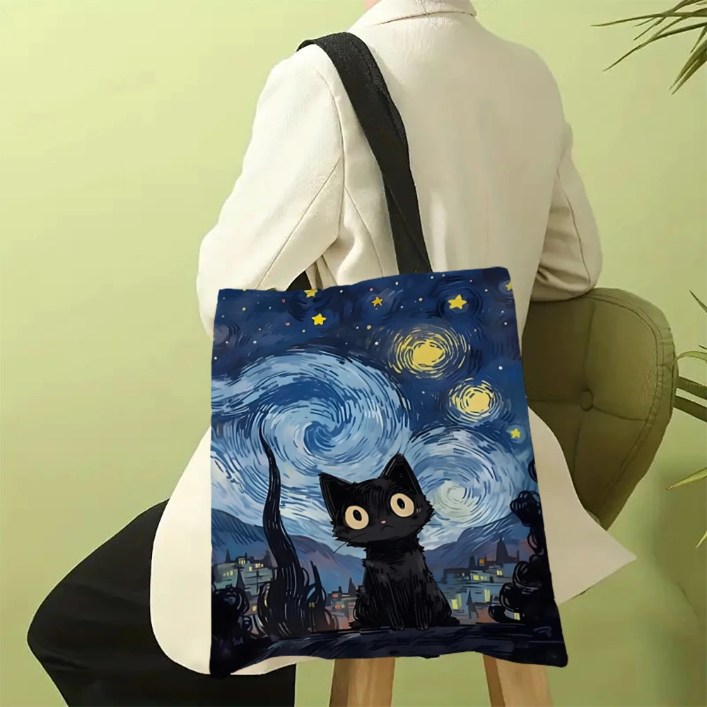 1 Stück süße Cartoon-Katze-Umhängetaschen, lustiges Tier, die Sternennacht, Umhängetaschen, lässige modische Tasche, multifunktionale Handtasche – Detail 2
