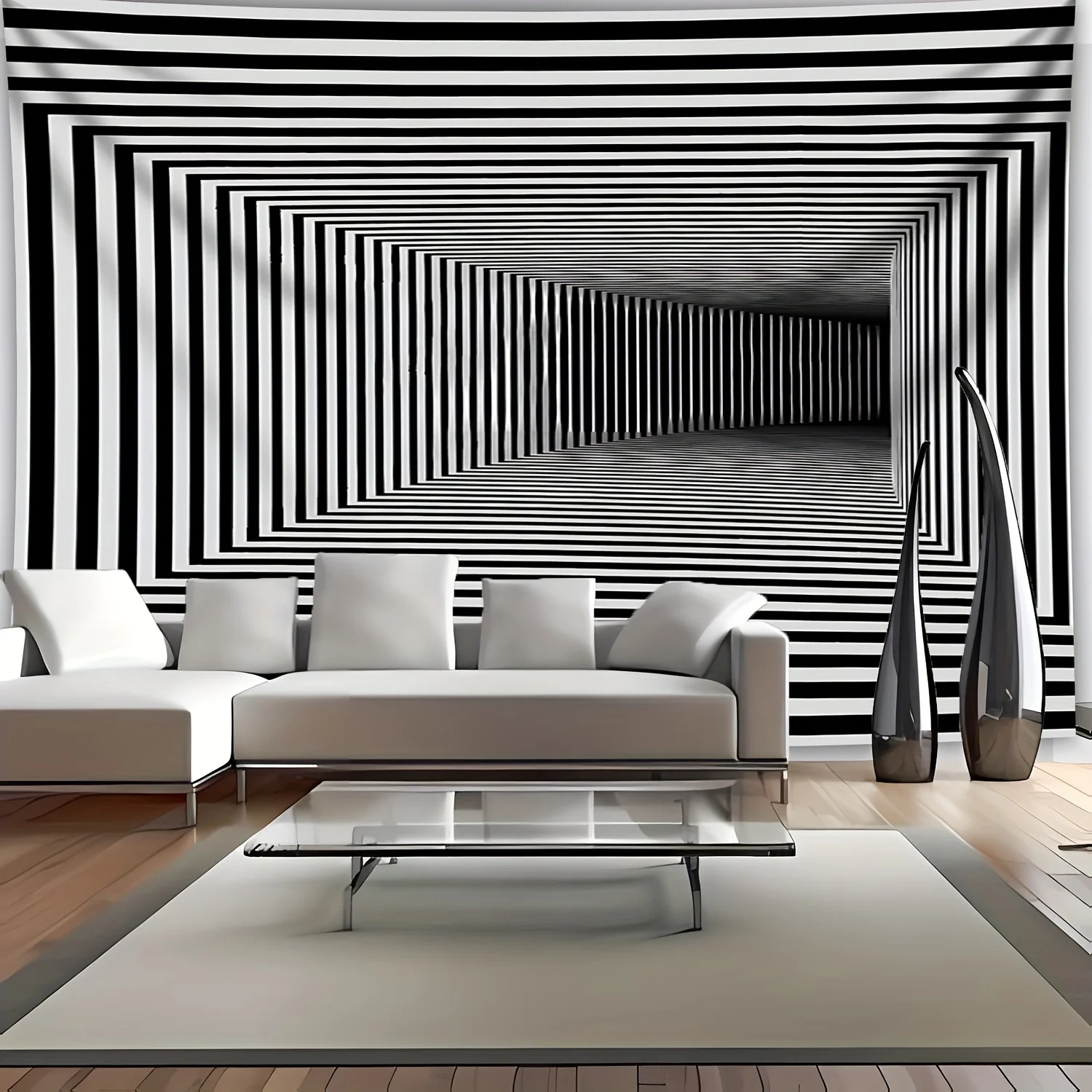 Intriguing Black and White Geometric Illusion Wall Tapestry for Modern Living Room Decor, Featuring a Deeply Layered Tunnel