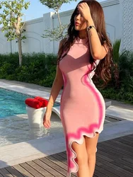 Sexy Pink Sleeveless Tank Bodycon Bandage Dress High Split Sleeveless Midi Celebrity Evening Runway Party Prom Dress