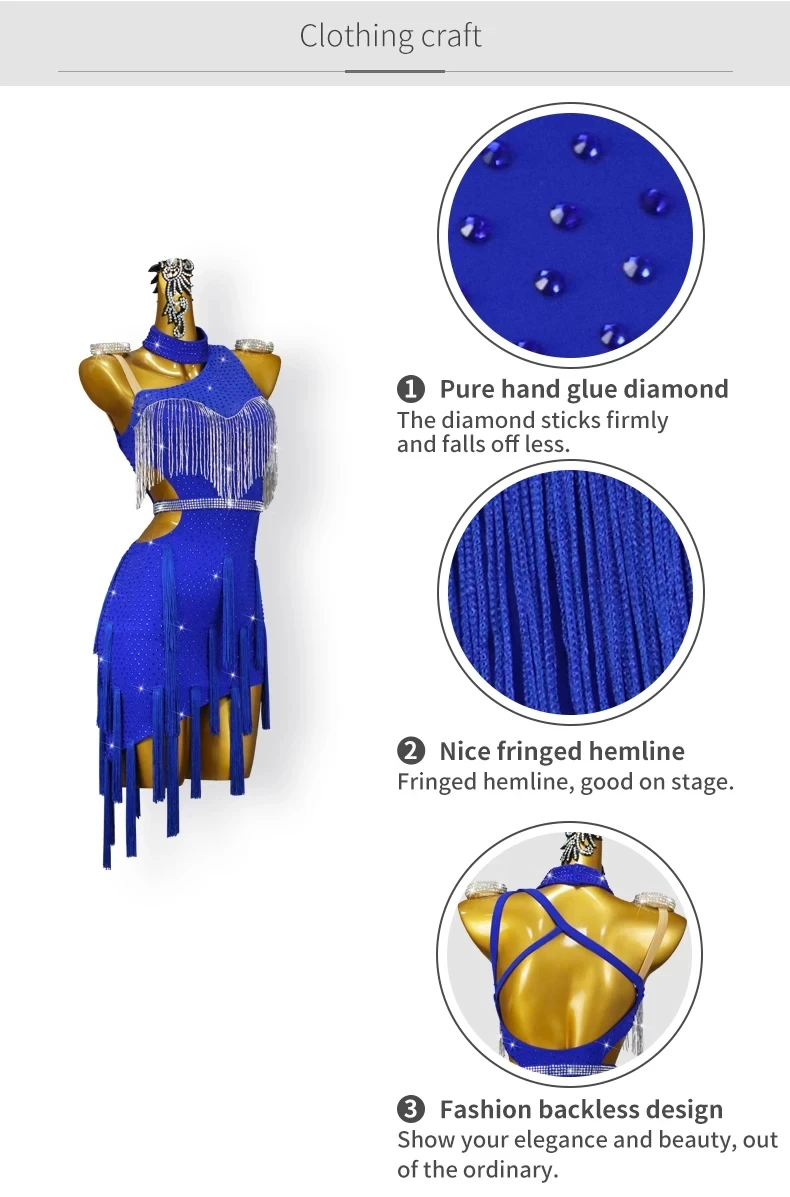 Blaues Latein-Tanzkleid, Damen-Trainingskleidung, Tanzbekleidung, sexy Rock, Ball-Wettkampfanzug, elegantes Partykostüm, Sportbekleidung. – Detail 6