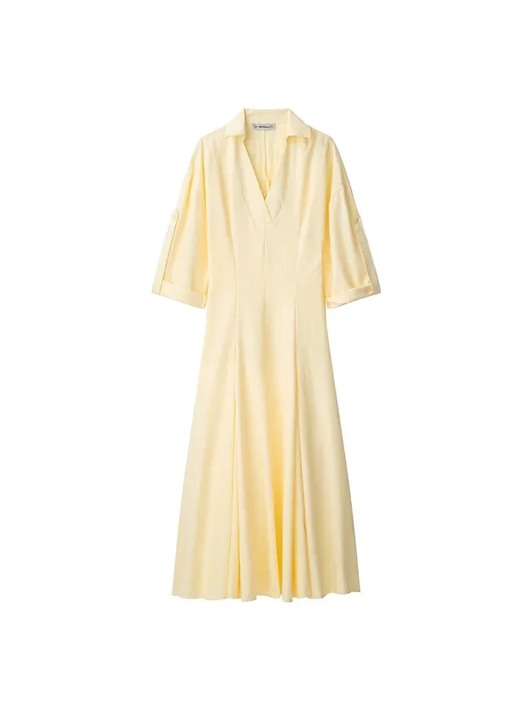 2025 Estate Nuove donne Camicie Abito Moda Casual Scollo a V Manica 3/4 Solido Femminile Elegante Strada MIDI Abiti Abbigliamento