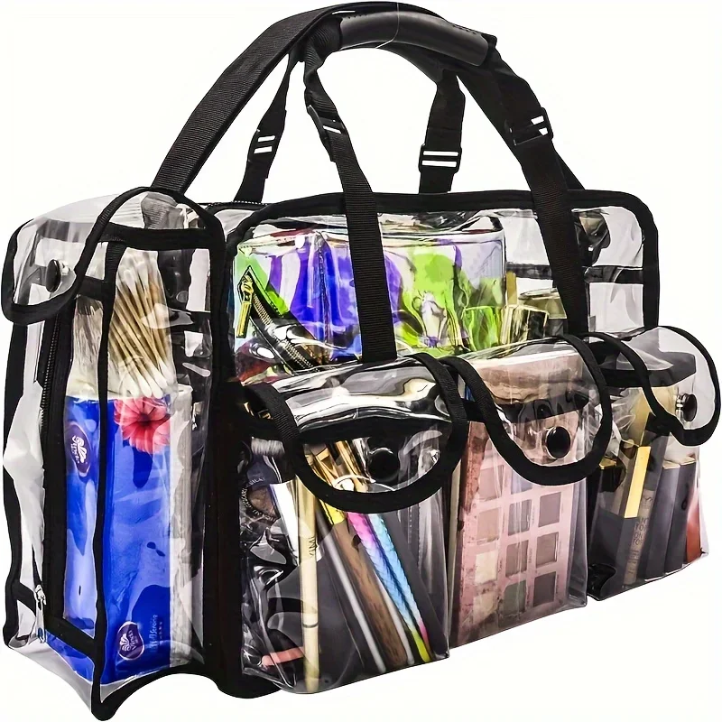 1pc Large Capacity Transparent PVC Makeup Organizer Set with 6 External Pockets and Adjustable Shoulder Strap Travel-Friendly