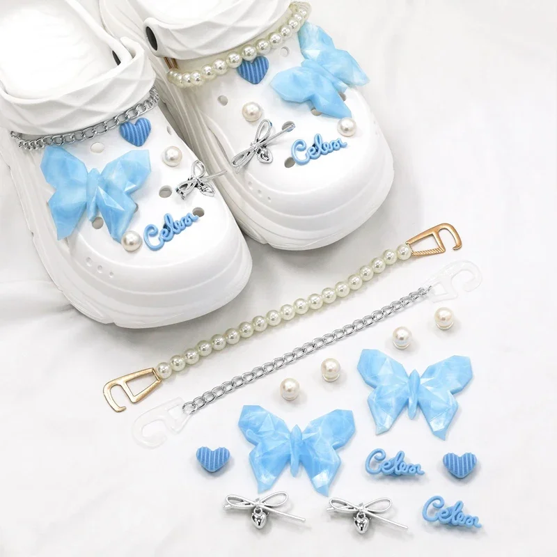 Blue Butterfly Personalized Shoe Charms Set with Fashion Pearl Detachable DIY Shoe Buckle Decorations 1 Complete Set
