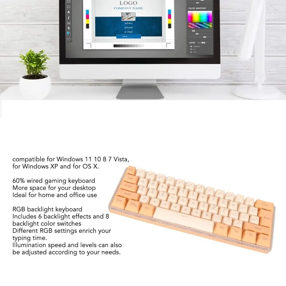 Funny 61 Keys 60% Wired Gaming Keyboard USB Wired 8 Backlight Effects RGB Mini Keyboard Plug and Play Compact Keyboard Typist