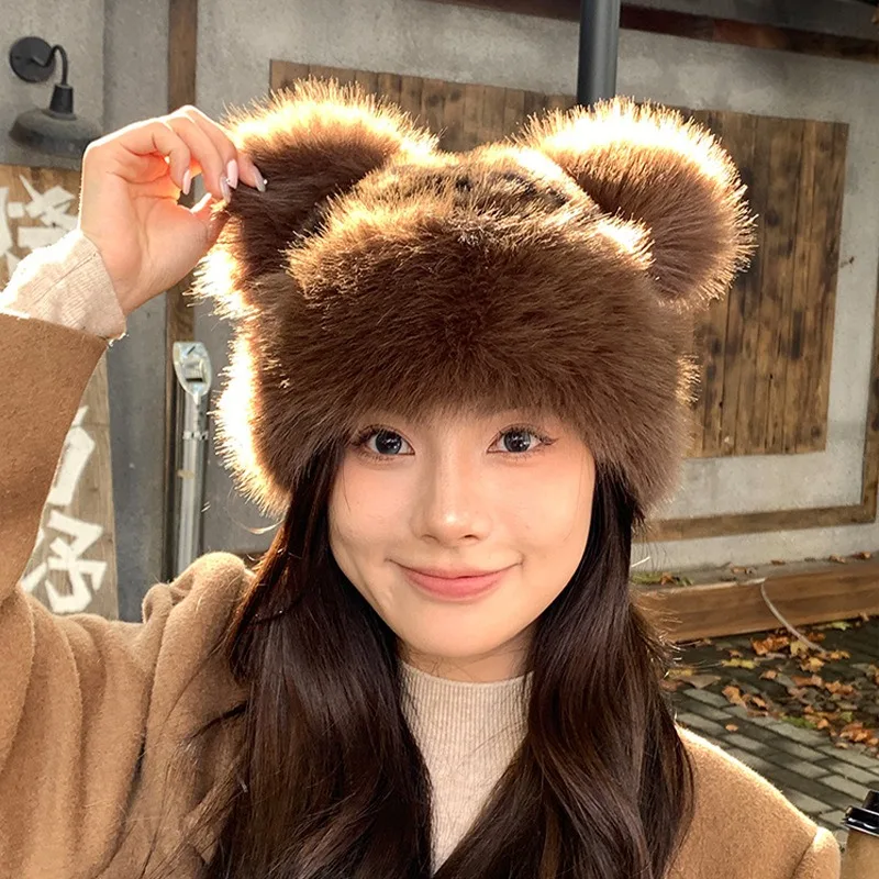 الخريف والشتاء جديد الرجعية ليوبارد الدب الأذن أفخم قبعة منغولية المرأة قبعة تشبه الصوف مبطن قبعة حماية الأذن الدافئة. قبعة صغيرة